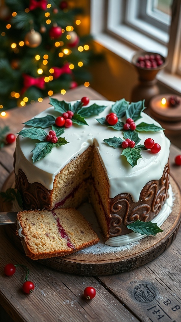A festive Christmas cake decorated with marzipan and icing, surrounded by holiday decorations.